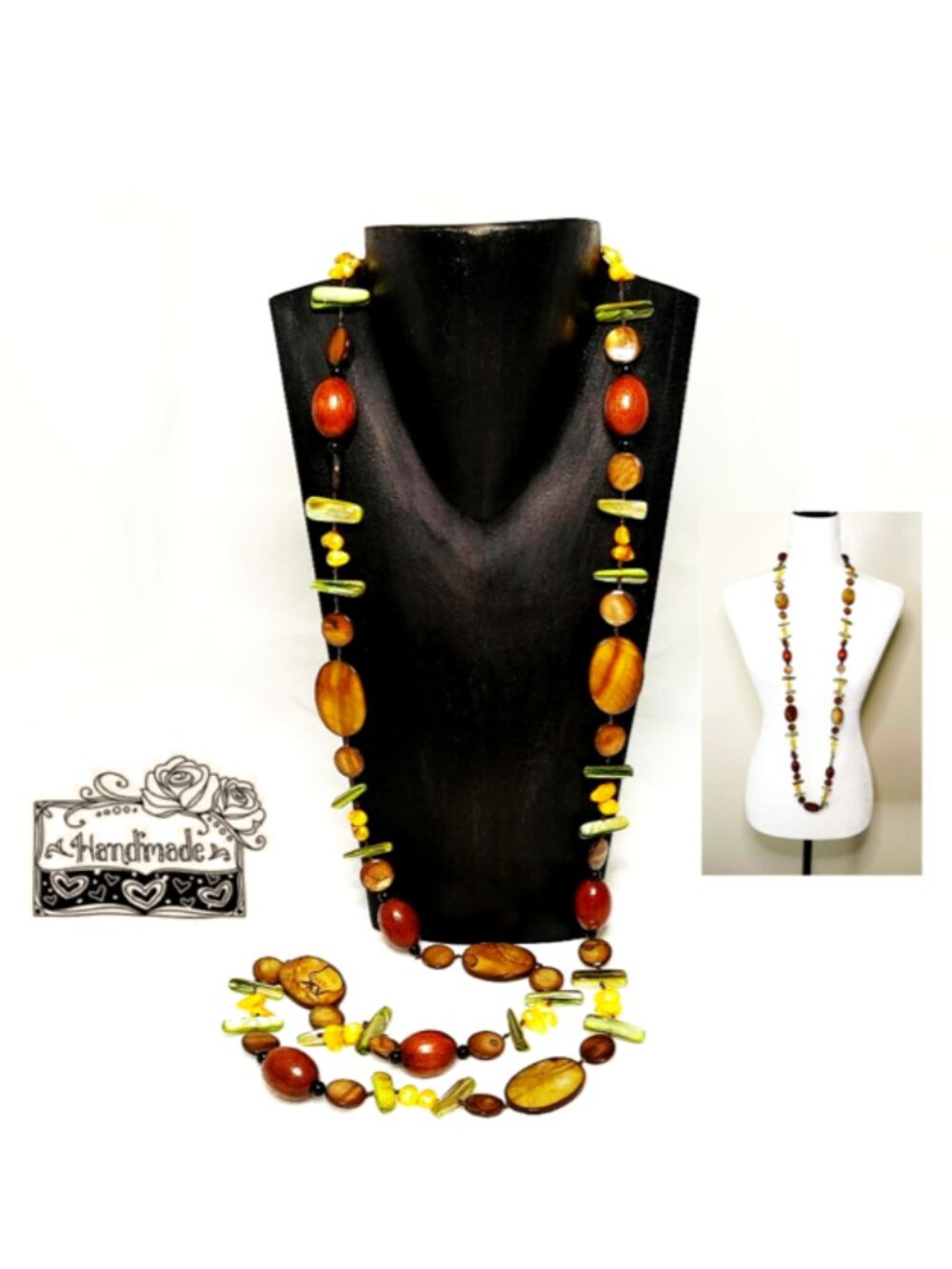 Handmade 48” Long Necklace FW Baroque Pearls Earthy MOP Shell Wood Beads Slip-on